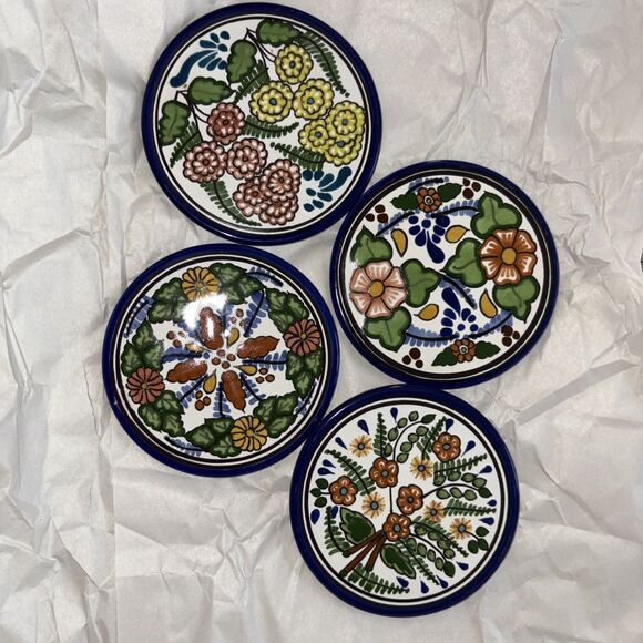 Mr Pue hand painted ceramic floral coasters set of 4 Made in Mexico blue trim - Picture 1 of 5